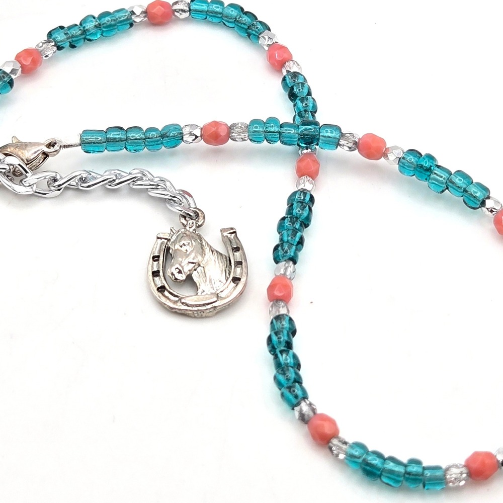 Teal and Coral Glass Beaded Anklet with Silver‎ Horse Horseshoe Charm Western